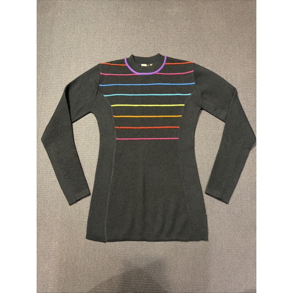 Obermeyer Women's Medium Black Wool Blend Rainbow Stripe Crew Neck Sweater